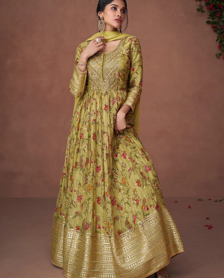 5303 - Mehendi Green Floral Printed Organza Silk Anarkali Suit with Embroidery work